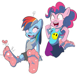 Size: 900x890 | Tagged: safe, artist:zuneycat, derpibooru import, pinkie pie, rainbow dash, anthro, plantigrade anthro, clothes, feet, foot fetish, foot focus, heart eyes, hypnosis, missing shoes, socks, wingding eyes