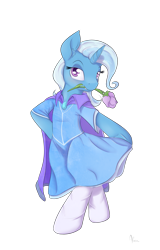 Size: 1375x2150 | Tagged: safe, artist:alasou, derpibooru import, trixie, anthro, semi-anthro, bipedal, cape, clothes, dress, flower, flower in mouth, looking at you, mouth hold, simple background, solo, transparent background, trixie's cape