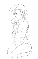 Size: 633x983 | Tagged: safe, artist:alasou, derpibooru import, angel bunny, fluttershy, human, clothes, humanized, looking at you, monochrome, sitting, sweater, sweatershy