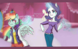 Size: 1024x640 | Tagged: safe, artist:annaiszoom, derpibooru import, rainbow dash, rarity, anthro, arm hooves, blurry, clothes