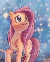 Size: 916x1126 | Tagged: safe, artist:mirroredsea, fluttershy, firefly (insect), pegasus, pony, female, looking up, mare, night, solo, traditional art, walking, watercolor painting