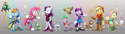 Size: 2733x738 | Tagged: safe, artist:blazetbw, derpibooru import, angel bunny, applejack, fluttershy, gummy, opalescence, owlowiscious, pinkie pie, rainbow dash, rarity, spike, tank, twilight sparkle, winona, anthro, dog, earth pony, plantigrade anthro, pony, robot, applejack's hat, boots, chao, chaos, claws, clothes, converse, cowboy boots, cowboy hat, crossover, female, hat, high heels, male, mane seven, mane six, mobian, ring, shoes, skirt, smiling, sonic the hedgehog (series), sonicified, species swap, tail, wings