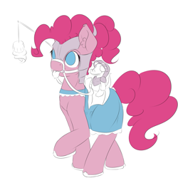 Size: 953x954 | Tagged: safe, artist:alasou, derpibooru import, gummy, pinkie pie, earth pony, pony, :p, armor, bit, bridle, carrot on a stick, chamfron, clothes, costume, cupcake, dress, drool, ear fluff, eyes on the prize, helmet, horses doing horse things, horseshoes, raised hoof, reins, saddle, smiling, tongue out, wip