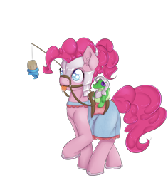 Size: 2125x2250 | Tagged: safe, artist:alasou, derpibooru import, gummy, pinkie pie, earth pony, pony, armor, bit, breastplate, bridle, carrot on a stick, chamfron, clothes, costume, cupcake, dress, helmet, horses doing horse things, horseshoes, raised hoof, reins, saddle, simple background, transparent background, wip