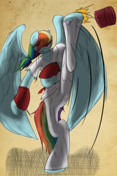 Size: 2000x3000 | Tagged: safe, artist:aerostoner, derpibooru import, rainbow dash, anthro, headband, kicking, solo