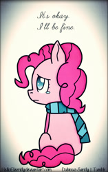 Size: 333x531 | Tagged: safe, artist:higglytownhero, derpibooru import, pinkie pie, earth pony, pony, clothes, sad, scarf, solo