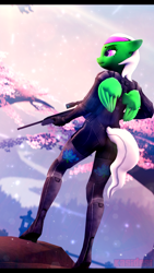 Size: 1080x1920 | Tagged: safe, artist:alcohors, oc, oc only, oc:nimet, anthro, pegasus, plantigrade anthro, 3d, cherry tree, female, gun, optical sight, rifle, sniper rifle, solo, tree, weapon, wings