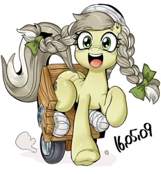 Size: 1000x1081 | Tagged: safe, artist:nekubi, jinx, pony, amputee, background pony, bandage, braid, cute, jinxabetes, katawa jinx, looking at you, open mouth, pigtails, running, sitting, smiling, solo, stump, twintails, wheelchair