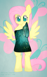 Size: 663x1089 | Tagged: safe, artist:higglytownhero, derpibooru import, fluttershy, pegasus, pony, bipedal, clothes, dress, solo