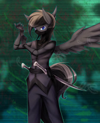 Size: 2600x3200 | Tagged: safe, artist:scynexx, oc, oc only, oc:shadow, anthro, pegasus, assassin, blue eyes, clothes, gloves, mask, ninja, simple background, sword, weapon