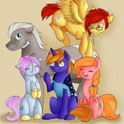 Size: 1280x1280 | Tagged: safe, artist:wavemasterkaz, oc, oc only, oc:ellison pippin, oc:star bright, earth pony, pegasus, pony, unicorn, boots, cape, clothes, flying, group shot, necklace, shirt, smiling, waving