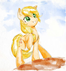 Size: 829x897 | Tagged: safe, artist:mirroredsea, applejack, earth pony, pony, blonde, cute, female, green eyes, grin, happy, hatless, jackabetes, mare, missing accessory, raised hoof, smiling, solo, traditional art, watercolor painting