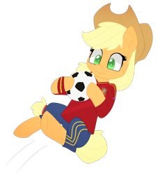 Size: 1054x1100 | Tagged: safe, artist:higglytownhero, derpibooru import, applejack, earth pony, pony, football, solo, spain