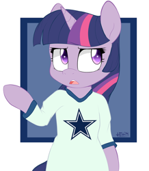 Size: 872x1000 | Tagged: safe, artist:higglytownhero, derpibooru import, twilight sparkle, semi-anthro, clothes, dallas cowboys, nfl, shirt, solo, twilight is not amused, unamused