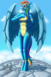 Size: 1046x1563 | Tagged: safe, artist:quakehoof, rainbow dash, anthro, unguligrade anthro, newbie dash, abs, belly button, cloud, goggles, heroic posing, latex, latex suit, looking up, salute, sky, smiling, solo, standing, wonderbolts, wonderbolts uniform