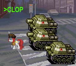 Size: 255x219 | Tagged: safe, >clop, banner, pixel art, simple background, tank (vehicle), text