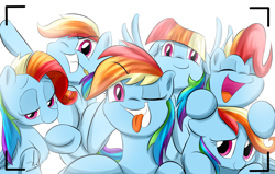 Size: 1700x1080 | Tagged: safe, artist:phuocthiencreation, rainbow dash, pegasus, pony, newbie dash, behaving like pinkie pie, care mare, chest fluff, cute, dashabetes, dashstorm, dynamic dash, eyes closed, female, floppy ears, forthright filly, grin, haystick, impersonating, looking at you, manebow sparkle, mare, multeity, one eye closed, open mouth, rainbow fash, raised hoof, reading rainboom, signature, simple background, smiling, solo, spread wings, tongue out, viewfinder, white background, wings, wink