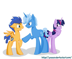 Size: 3691x3000 | Tagged: safe, artist:yaaaco, derpibooru import, flash sentry, tristan, trixie, twilight sparkle, twilight sparkle (alicorn), backwards cutie mark, female, high res, male, rule 63, shipping, straight, trickster, tristansparkle, twixie