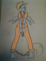 Size: 924x1232 | Tagged: safe, artist:gameboyred, derpibooru import, rainbow dash, anthro, plantigrade anthro, ambiguous facial structure, angry, barefoot, clothes, crying, cuffs, feet, prison outfit, prisoner, prisoner rd, sad, shackles, solo, traditional art