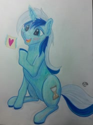 Size: 1930x2591 | Tagged: safe, artist:blastradiuss, minuette, pony, unicorn, adorable face, blushing, cute, heart, heart eyes, minubetes, open mouth, sitting, smiling, solo, traditional art, wingding eyes