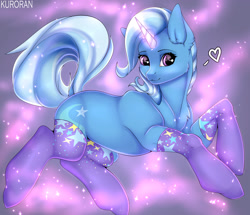 Size: 4300x3700 | Tagged: safe, artist:kuroran, trixie, pony, clothes, cute, diatrixes, female, glowing horn, heart, levitation, magic, mare, rcf community, self-levitation, socks, solo, stockings, telekinesis, thigh highs