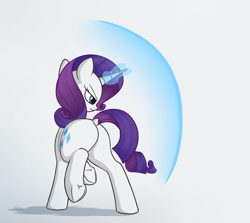 Size: 2366x2106 | Tagged: safe, artist:andelai, rarity, pony, unicorn, barrier, dock, featureless crotch, female, frog (hoof), frown, glowing horn, horn, magic, mare, plot, raised hoof, raised tail, rear view, rearity, shield, simple background, solo, standing, tail, underhoof, white background