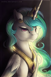 Size: 2000x3000 | Tagged: safe, artist:evehly, derpibooru import, princess celestia, alicorn, pony, female, mare, solo, unamused