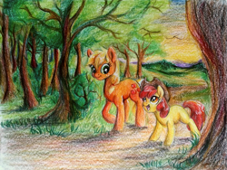 Size: 1067x804 | Tagged: safe, artist:buttersprinkle, apple bloom, applejack, earth pony, pony, accessory swap, cute, forest, hat, hatless, looking up, missing accessory, open mouth, raised hoof, scenery, smiling, sunset, traditional art