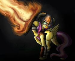 Size: 2000x1613 | Tagged: dead source, safe, artist:28gooddays, fluttershy, pegasus, pony, badass, crossover, dovahshy, fire, fire breath, flutterbadass, helmet, implied dragon, shield, skyrim, solo, the elder scrolls