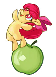 Size: 586x800 | Tagged: safe, artist:mirroredsea, apple bloom, earth pony, pony, adorabloom, apple, balancing, bipedal, bow, colored pupils, cute, female, filly, food, hair bow, hnnng, simple background, smiling, solo, weapons-grade cute, white background