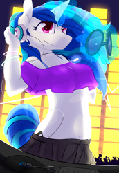 Size: 1280x1858 | Tagged: safe, artist:baldmoose, dj pon-3, vinyl scratch, anthro, belly button, magic, smiling, solo, sunglasses, telekinesis