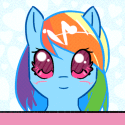 Size: 500x500 | Tagged: safe, artist:mirroredsea, rainbow dash, pegasus, pony, :p, abstract background, animated, blinking, blushing, bust, colored pupils, cute, dashabetes, female, gif, heart, mare, multicolored hair, portrait, smiling, solo, tongue out
