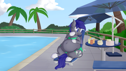 Size: 4320x2430 | Tagged: safe, artist:andelai, oc, oc only, oc:midnight blossom, bat pony, bat pony oc, belly, belly button, big belly, bikini, chubby, chubby cheeks, clothes, fat, female, food, high res, obese, poolside, solo, swimsuit, tight clothing