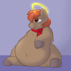 Size: 2500x2500 | Tagged: safe, artist:lupin quill, oc, oc:winterlight, belly, belly button, bhm, big belly, chubby, clothes, cute, fat, flabby chest, halo, puppy dog eyes, scarf, simple background, solo, stuffed, unshorn fetlocks