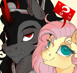 Size: 600x573 | Tagged: safe, artist:evehly, derpibooru import, fluttershy, king sombra, pegasus, pony, unicorn, colored horn, curved horn, female, heart, horn, male, mare, question mark, shipping, sombra's horn, sombrashy, speech bubble, stallion