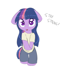 Size: 518x620 | Tagged: safe, artist:alasou, derpibooru import, twilight sparkle, pony, bipedal, chibi, clothes, cute, floppy ears, pun, solo, tara strong