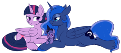 Size: 1234x537 | Tagged: safe, artist:lulubell, derpibooru import, princess luna, twilight sparkle, twilight sparkle (alicorn), oc, oc:moonlight eve, alicorn, pony, accessory theft, female, foal, lesbian, magical lesbian spawn, mare, next generation, offspring, parent:princess luna, parent:twilight sparkle, parents:twiluna, prone, shipping, simple background, twiluna, white background