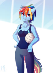 Size: 1084x1500 | Tagged: safe, artist:margony, derpibooru import, rainbow dash, anthro, ball, clothes, fluffy, pants, solo, tanktop, volleyball