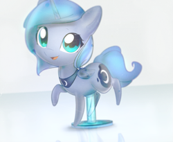 Size: 819x670 | Tagged: safe, artist:mirroredsea, princess luna, alicorn, pony, chibi, cute, female, figurine, filly, folded wings, looking at you, lunabetes, raised hoof, smiling, solo, woona, younger