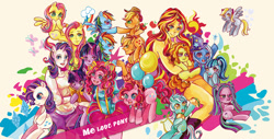 Size: 1200x609 | Tagged: safe, artist:tatsuka, derpibooru import, adagio dazzle, applejack, aria blaze, derpy hooves, fluttershy, lyra heartstrings, pinkie pie, rainbow dash, rarity, sonata dusk, sunset shimmer, trixie, twilight sparkle, twilight sparkle (alicorn), anthro, earth pony, pony, anthro ponidox, human facial structure, human ponidox, humane seven, humane six, mane six, pixiv, ponified, taco