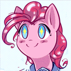 Size: 500x500 | Tagged: safe, artist:mirroredsea, pinkie pie, earth pony, pony, animated, blushing, bust, clothes, female, gif, mare, no pupils, portrait, shirt, simple background, smiling, solo, white background