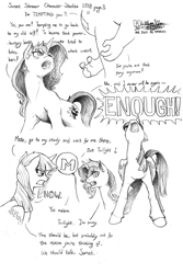 Size: 1200x1800 | Tagged: safe, artist:meto30, sunset shimmer, twilight sparkle, twilight sparkle (alicorn), alicorn, human, pony, unicorn, artist training grounds 2018, equestria daily, monochrome, self-insert