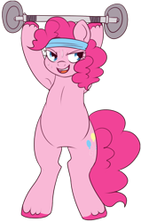 Size: 410x645 | Tagged: safe, artist:lulubell, derpibooru import, pinkie pie, earth pony, pony, simple background, solo, sweat, transparent background, weight lifting