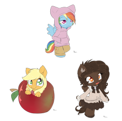 Size: 2067x2050 | Tagged: safe, artist:alasou, derpibooru import, applejack, rainbow dash, oc, oc:casy, anthro, earth pony, pony, apple, chibi, clothes, cute, dashabetes, jackabetes, looking at you, micro, simple background, transparent background