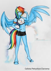 Size: 500x700 | Tagged: safe, artist:calyartist, derpibooru import, rainbow dash, anthro, belly button, clothes, midriff, shorts, solo, sports bra