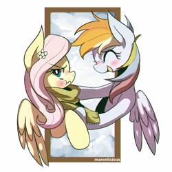 Size: 1200x1200 | Tagged: safe, artist:maren, derpibooru import, fluttershy, rainbow dash, pegasus, pony, :t, blushing, clothes, embarrassed, eyes closed, female, flower in hair, flutterdash, fluttertsun, lesbian, open mouth, role reversal, scarf, scrunchy face, shipping, smiling, tsundere, wavy mouth