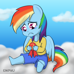 Size: 1000x1000 | Tagged: safe, artist:empyu, derpibooru import, rainbow dash, anthro, plantigrade anthro, 30 minute art challenge, barefoot, crying, feet, ribbon, solo