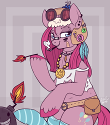 Size: 600x682 | Tagged: safe, artist:lulubell, derpibooru import, pinkie pie, earth pony, pony, bomb, cigarette, clothes, match, piercing, pinkamena diane pie, smoking, socks, solo, striped socks, tank girl