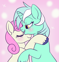 Size: 445x467 | Tagged: safe, artist:lulubell, derpibooru import, bon bon, lyra heartstrings, sweetie drops, earth pony, pony, unicorn, abstract background, blushing, female, hug, lesbian, lyrabon, shipping, smiling, unshorn fetlocks