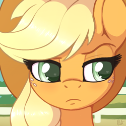 Size: 500x500 | Tagged: source needed, safe, artist:ratofdrawn, applejack, earth pony, pony, cowboy hat, female, freckles, frown, hat, mare, solo, stetson, unconvinced applejack, wingding eyes